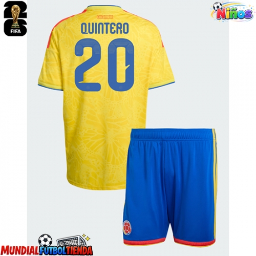 Camiseta Colombia Juan Fernando Quintero #20 Primera Equipación Replica Mundial 2026 para niños mangas cortas (+ Pantalones cortos)